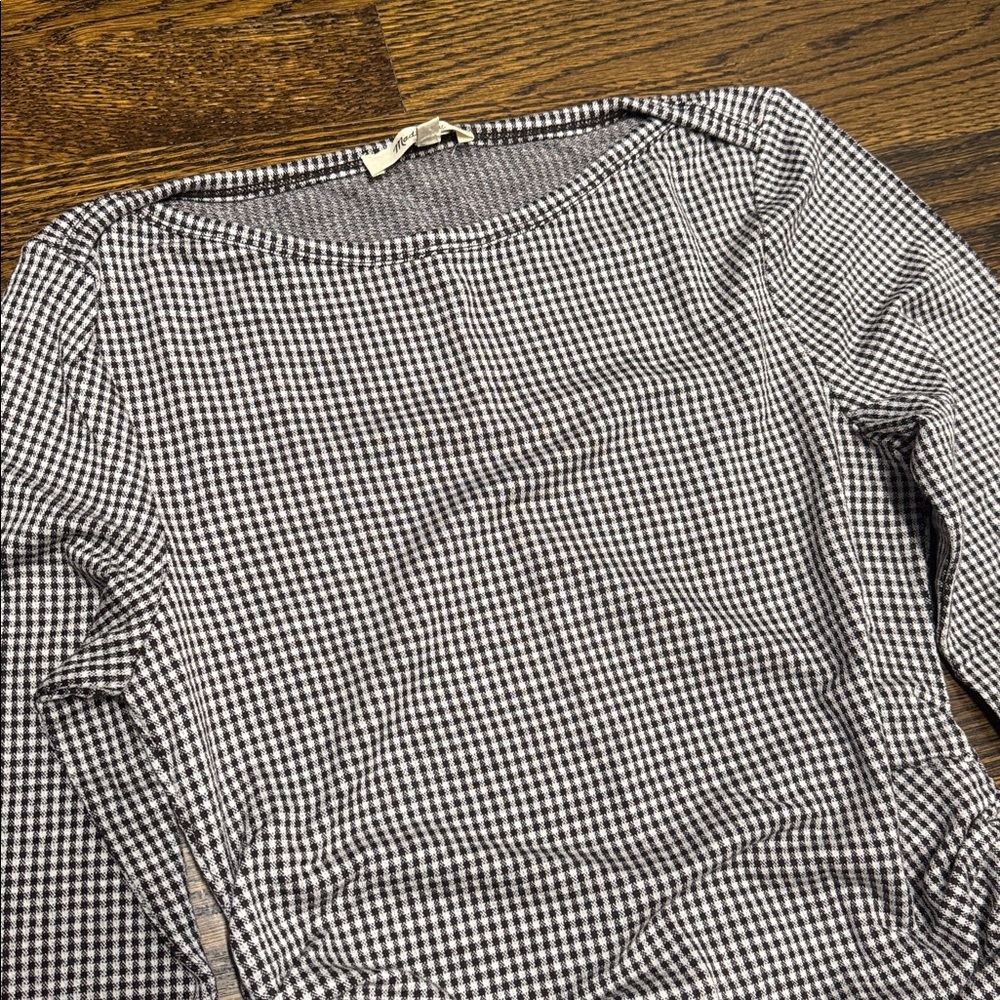 Madewell Ruched Crewneck Long-Sleeve Tee in Check Jacquard in Molasses, Size: S - Picture 5 of 7